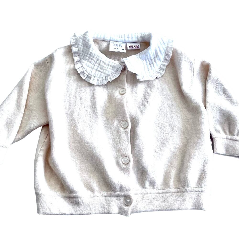 Zara baby girls ecru ruffled collar cardigan sweater size 6/9 months